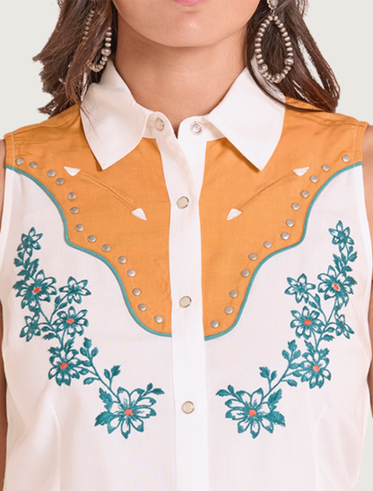 Rock & Roll Denim Floral Embroidery Sleeveless Shirt