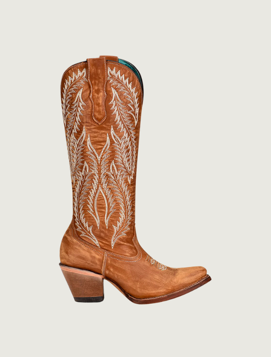 Women's Golden Embroidery Tan Snip Toe Cowboy Boot