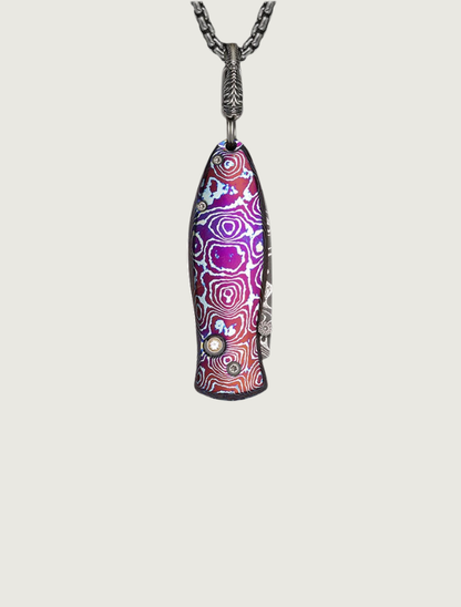 William Henry 'Cosmos' MokuTi Pendant Knife with White Topaz, Sterling Silver, and Damascus Steel Blade