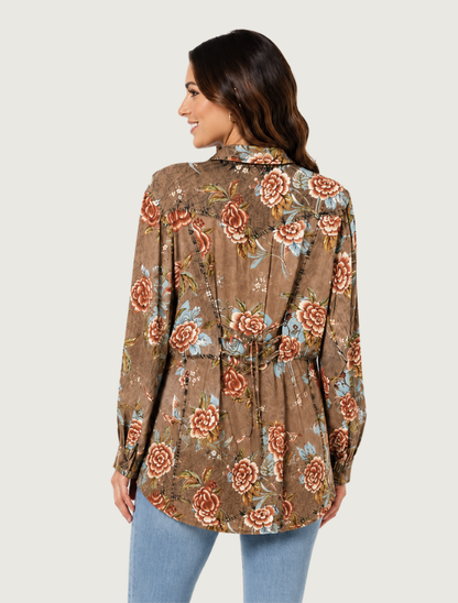 Scully Women's Tan Floral Print Button Front Shirt