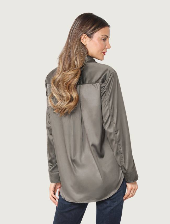 Paparazzi Floral Print Satin Button-Up Shirt in Camellia