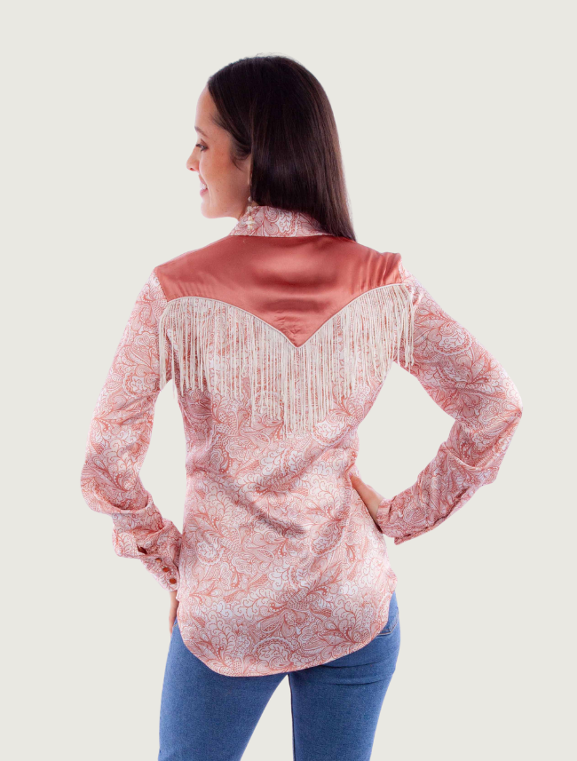 Scully Women's Peach Paisley Fringe Yoke Snap Front Shirt