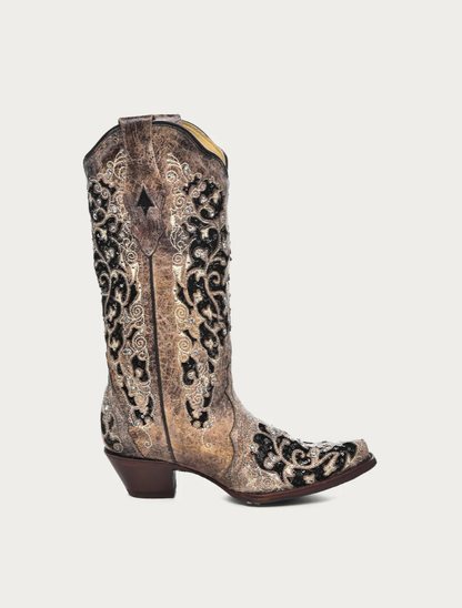 Corral Women's Brown Cowboy Boots with Black Glitter Inlay & Crystals