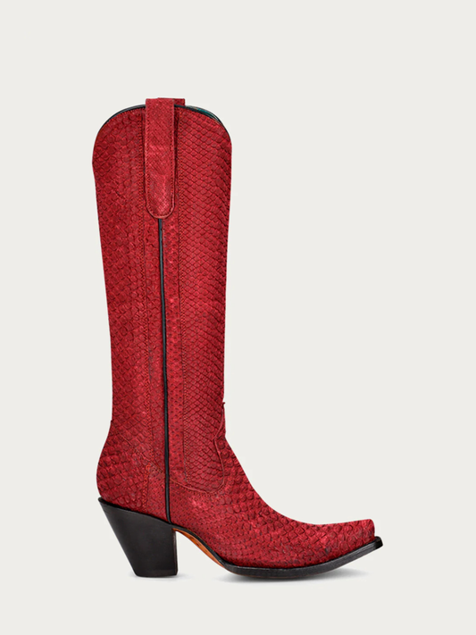 Red cowboy boot with a black heel on a light gray background