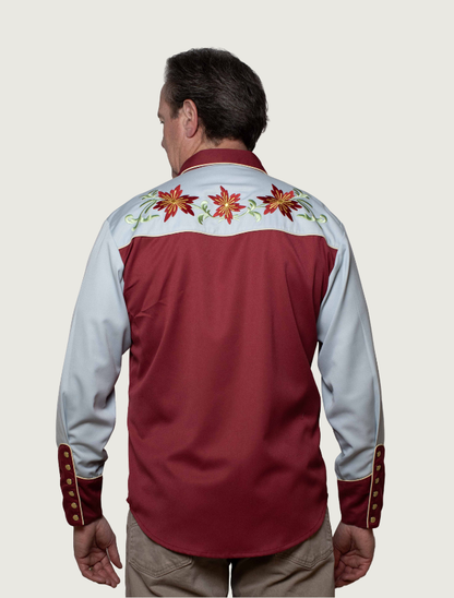 Model wearing Scully poinsettia embroidered two-tone western shirt, back view