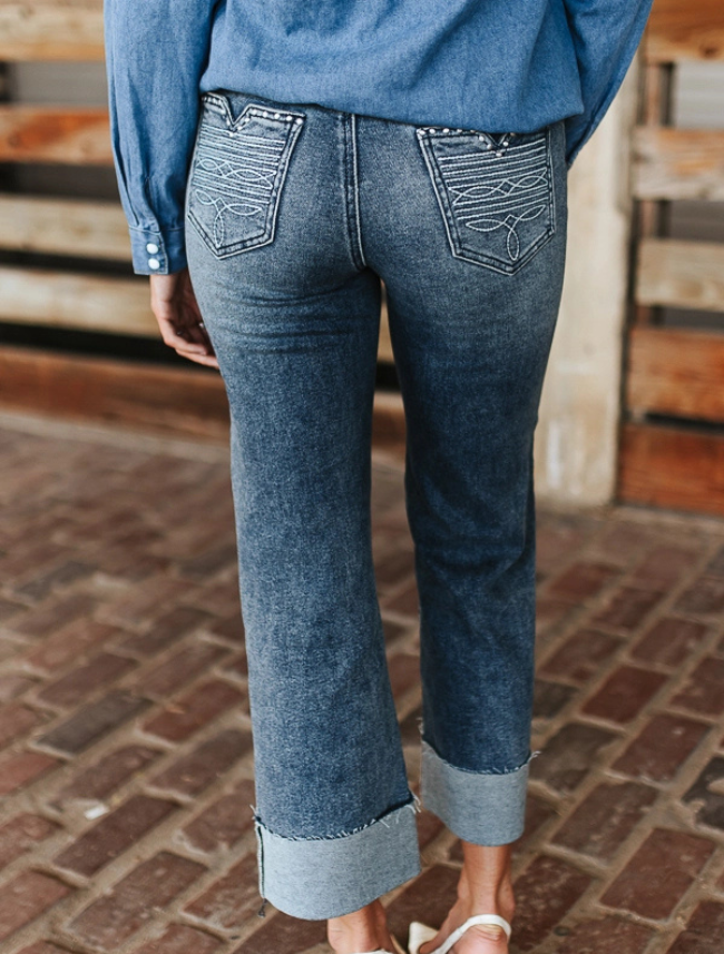 Lucky & Blessed Mid Wash Studded Pocket Cuffed Straight Leg Jeans