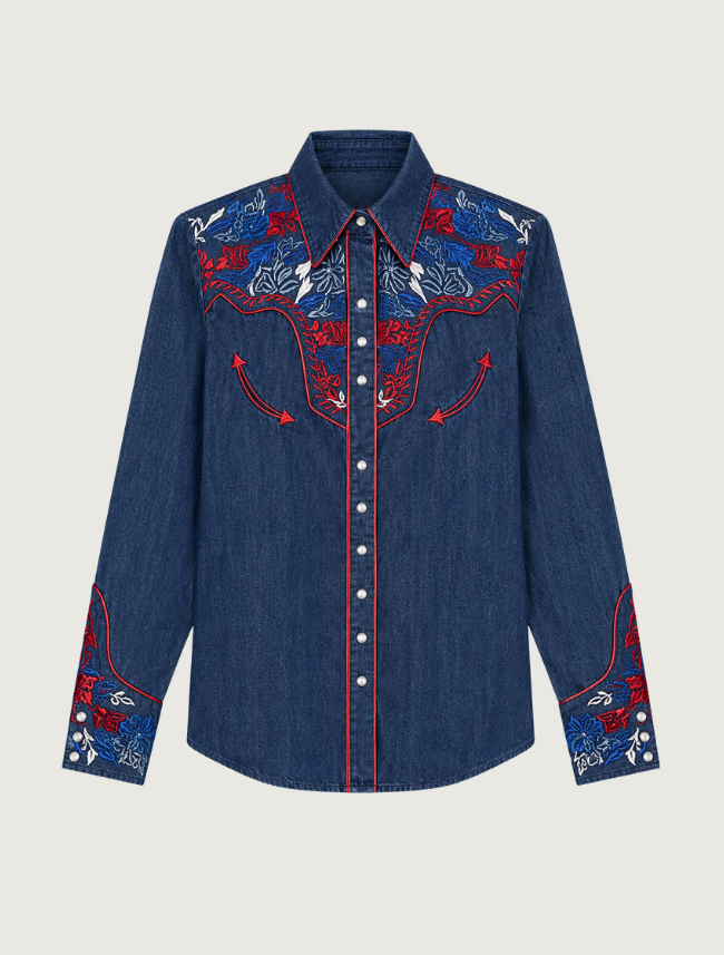 Scully floral embroidered snap front shirt in denim — front view