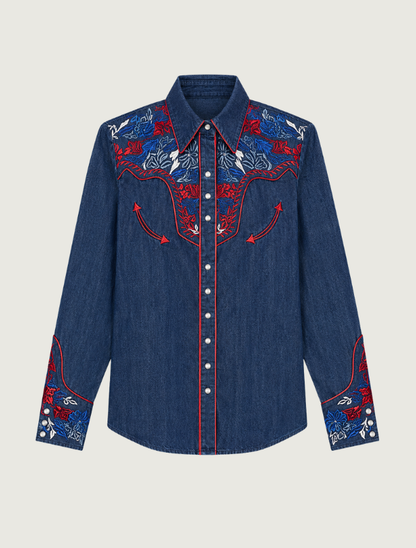 Scully floral embroidered snap front shirt in denim — front view