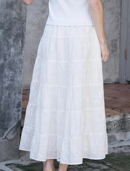 Raisonnel Tiered Eyelet Cotton Maxi Skirt