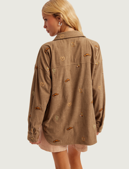 Hem & Thread Dusty Olive Embroidered Corduroy Shacket