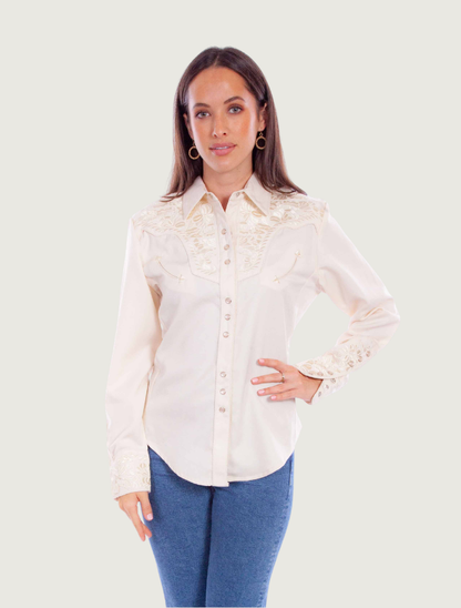 Scully ivory floral embroidered snap front shirt on model — front view
