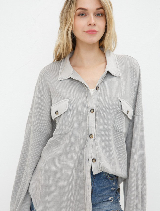 Blue B Textured Knit Frayed Button Jacket