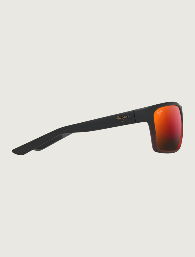 Maui Jim Alenuihaha wrap sunglasses in Burgundy Stripe / Hawaii Lava — side view