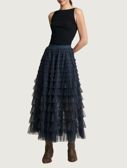 Raisonnel Plaid Mesh Ruffle Maxi Skirt