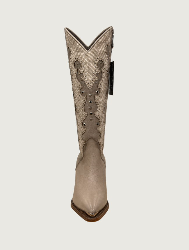 Cuadra Women's Beige Embroidery & Studs Zipper Cowboy Boots