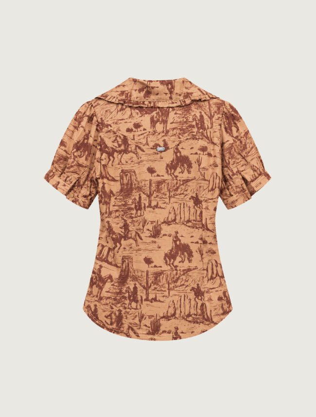 Lucky & Blessed Camel Western Scene Mesh Button Down Shirt