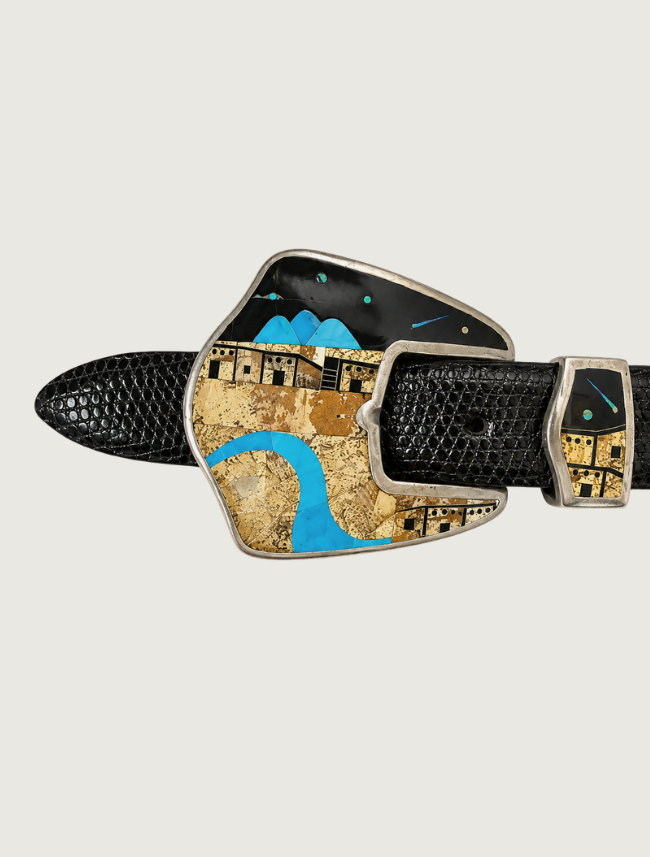 GL Miller Studio sterling silver pueblo landscape inlay belt buckle, close-up of main buckle