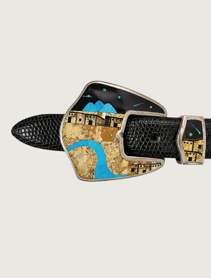 GL Miller Studio sterling silver pueblo landscape inlay belt buckle, close-up of main buckle