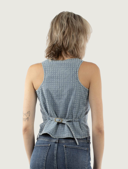 Scully Women's Light Blue Denim Button Front Cropped Vest