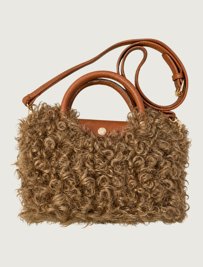 Mavericks Curly Tibetan Fur Handle Bag with Leather Trim