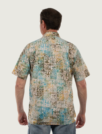 Scully Men's Batik Short Sleeve Shirt in Tan & Sage