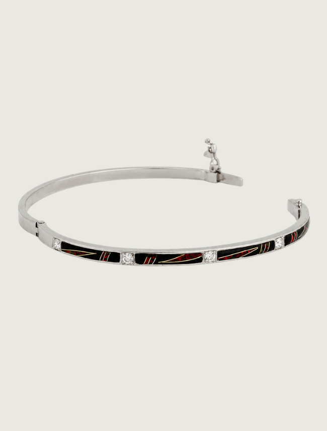 14K White Gold Diamond, Black Jade, & Fire Opal Bracelet