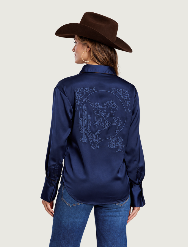 Stetson Navy Satin Embroidered Western Shirt