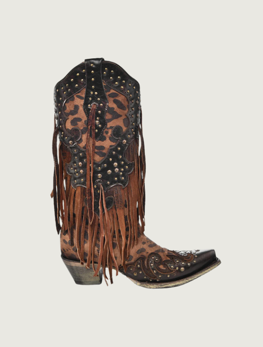 Corral Leopard Print Cowgirl Boots with Fringe
