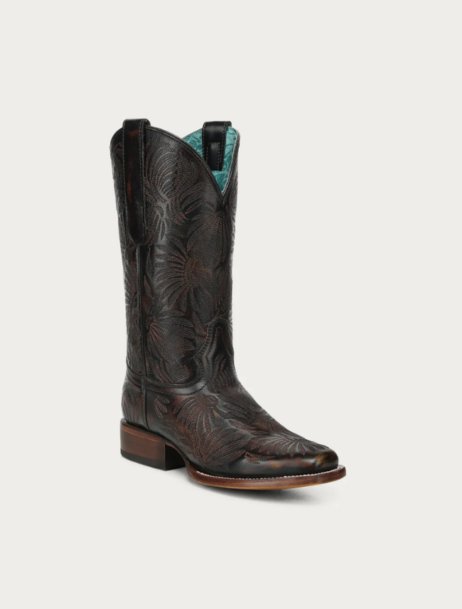 Corral Women's Black & Honey Floral Embroidery Cowboy Boots
