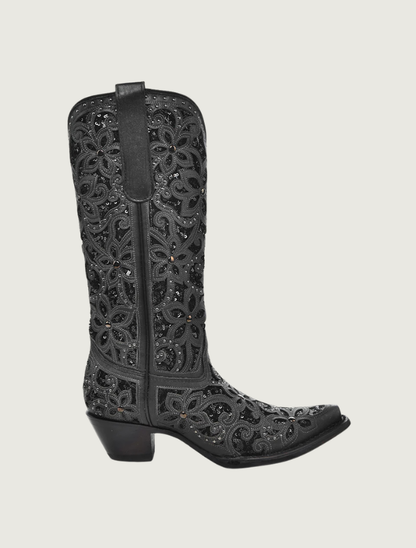 Corral Black Glitter Floral Inlay Cowgirl Boots with Crystals & Studs