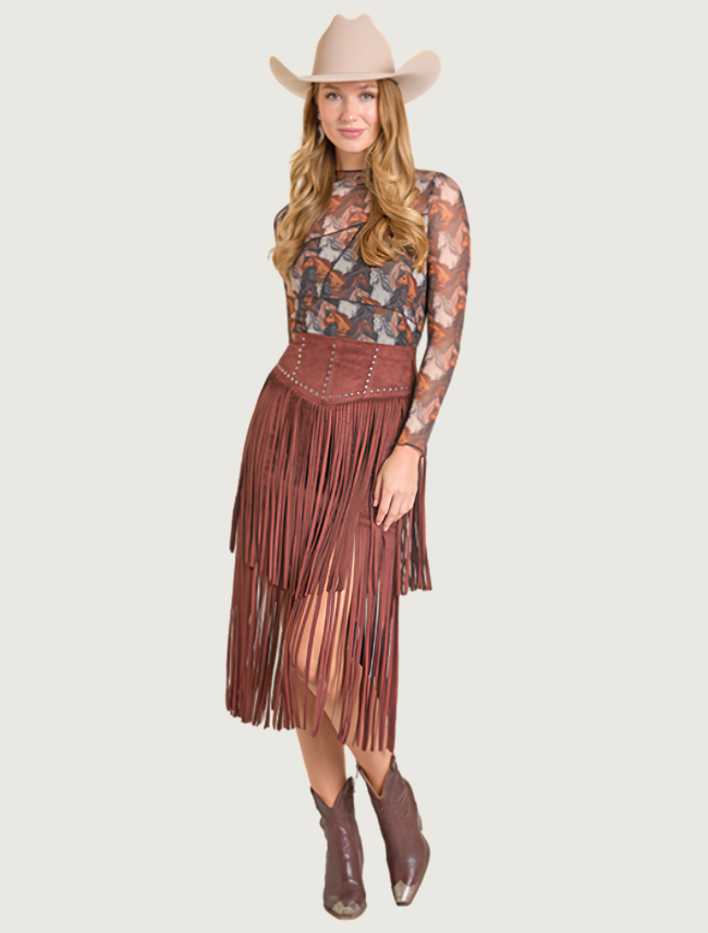 Rock & Roll Denim Midi Microsuede Fringe Skirt