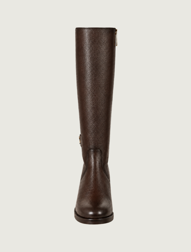 Cuadra brown riding boot, front view, showing the round toe and smooth shaft