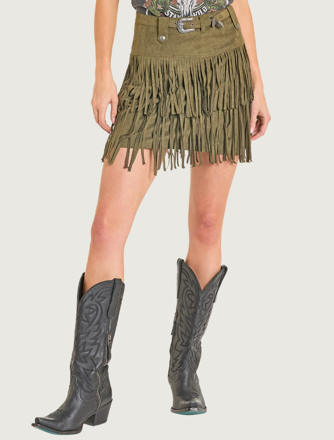 Rock & Roll Denim Fringe Microsuede Skirt