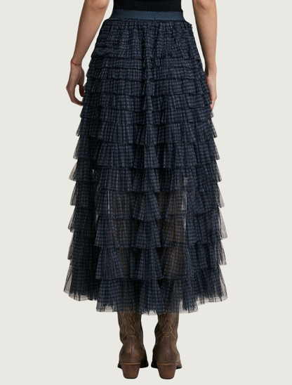 Raisonnel Plaid Mesh Ruffle Maxi Skirt