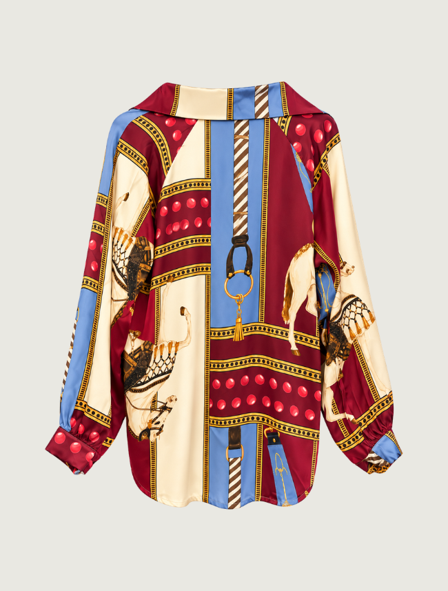Look Mode Women's Red Satin Horse Print Blouse
