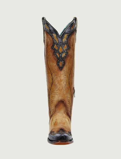 Corral Yellow Feathers Crackled Overlay Tall Top Cowgirl Boots