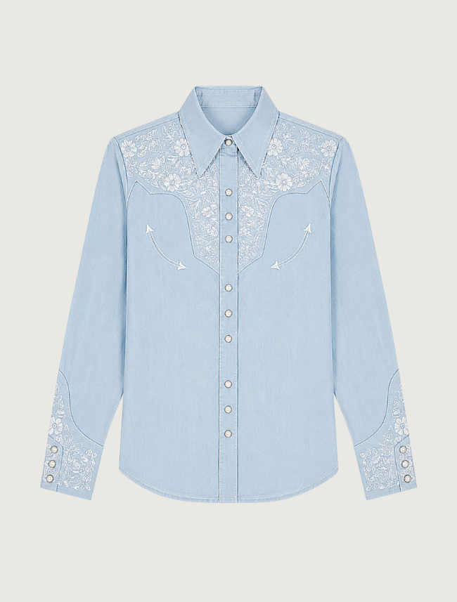 Scully floral embroidered snap front shirt in light blue — front view