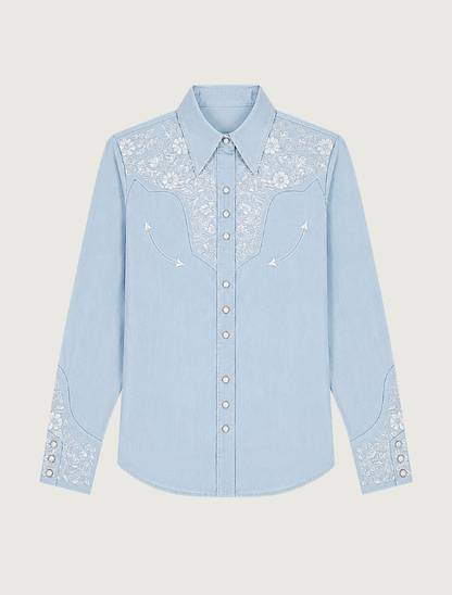 Scully floral embroidered snap front shirt in light blue — front view