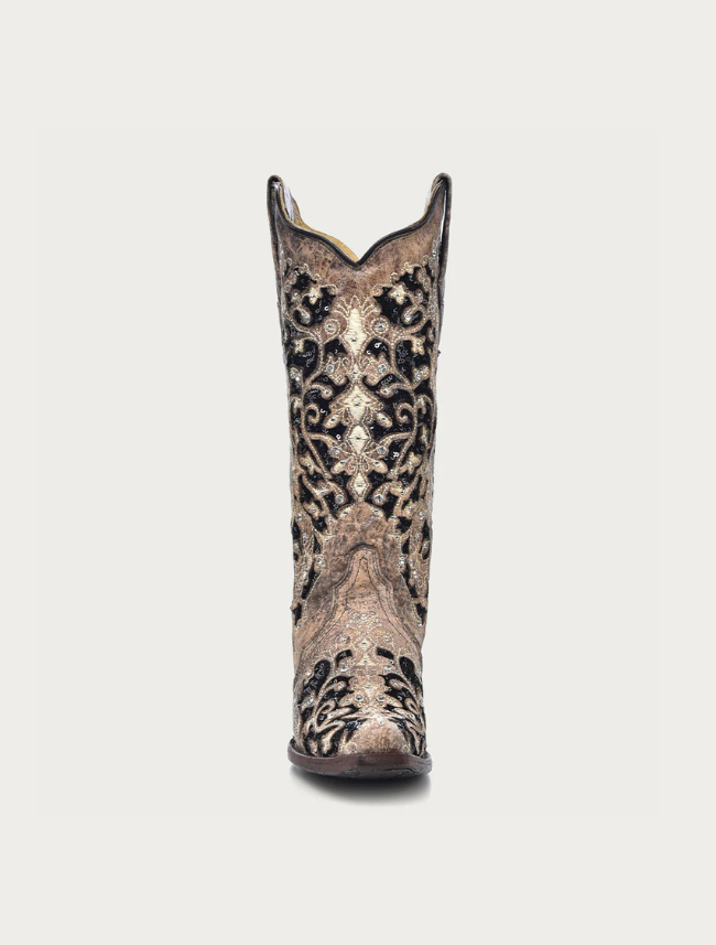 Corral Women's Brown Cowboy Boots with Black Glitter Inlay & Crystals
