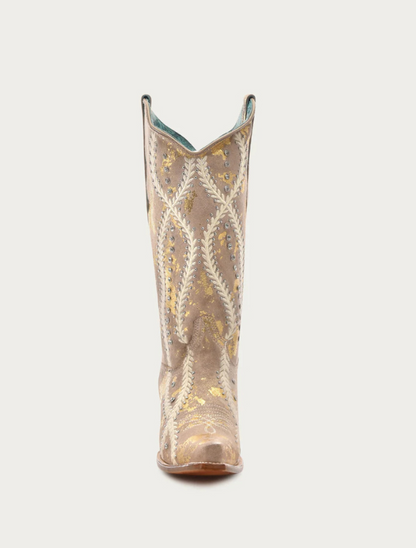 Corral Women's White Embroidery & Crystals Tan Cowboy Boots