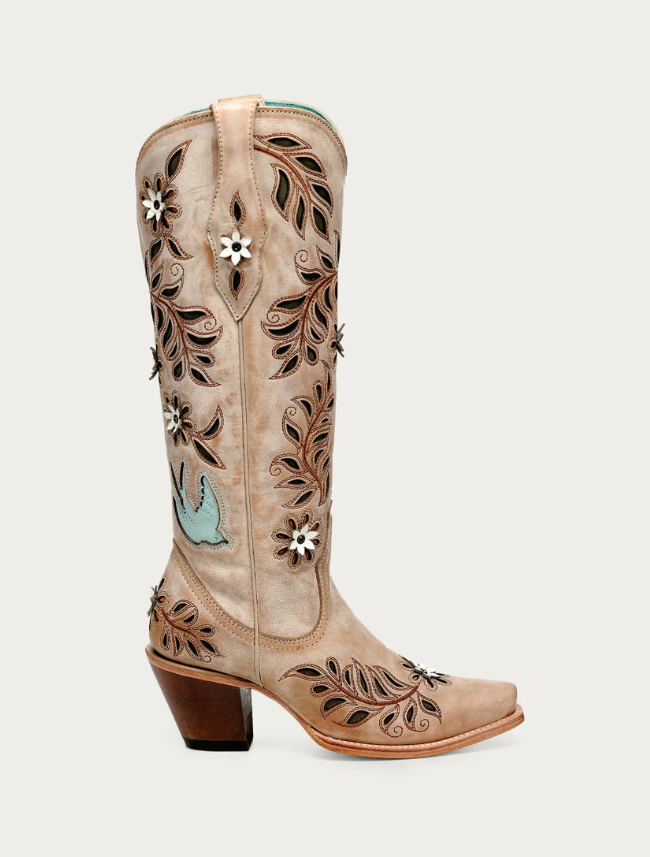 Corral Women's Straw Laser, Flowers & Birds Inlay Cowboy Boots