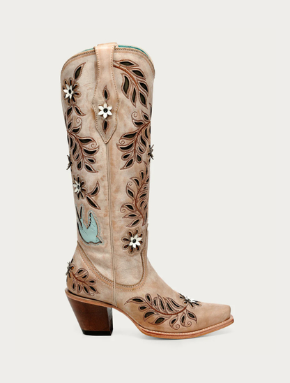 Corral Women's Straw Laser, Flowers & Birds Inlay Cowboy Boots