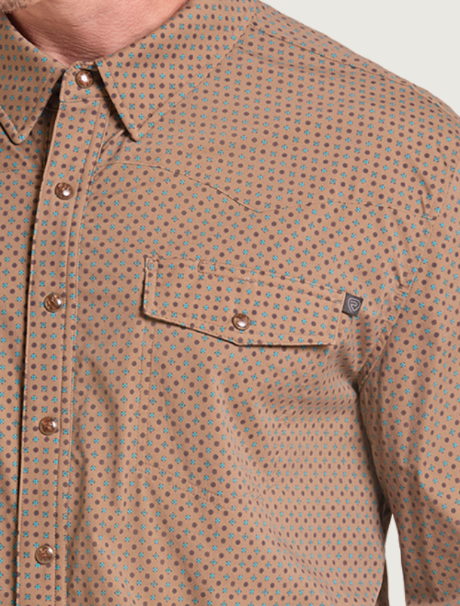 Rock & Roll Denim Men's Micro Geo Print TEK Core Long Sleeve Shirt in Camel