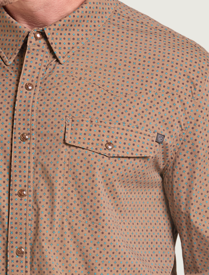 Rock & Roll Denim Men's Micro Geo Print TEK Core Long Sleeve Shirt in Camel