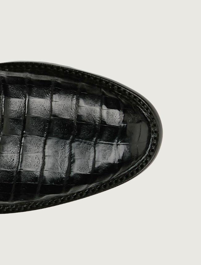 Tony Lama Agustin black caiman cowboy boot — toe detail, top down