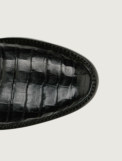 Tony Lama Agustin black caiman cowboy boot — toe detail, top down