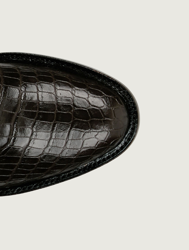 Tony Lama Cas chocolate crocodile cowboy boot — toe detail, top down