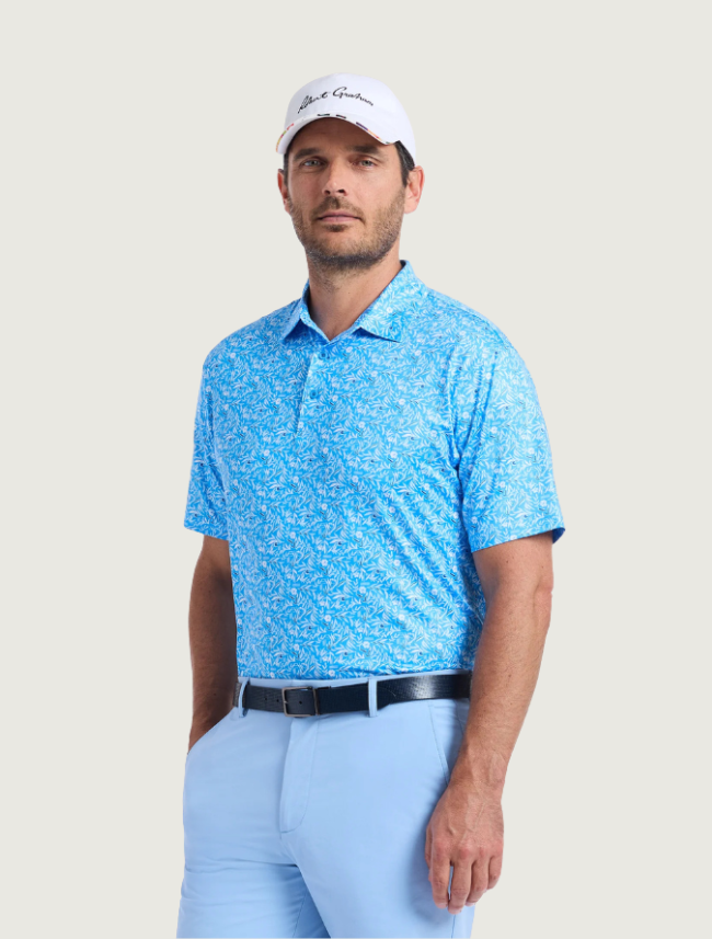 Robert Graham Ebford polo on model — front angled three-quarter view