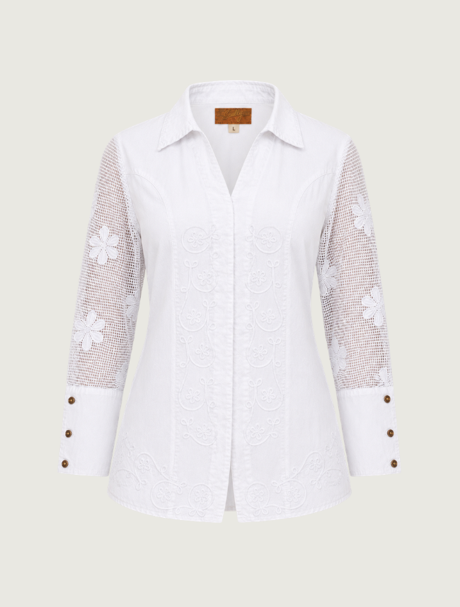 Scully Women's Embroided Blouse with Mesh Sleeves