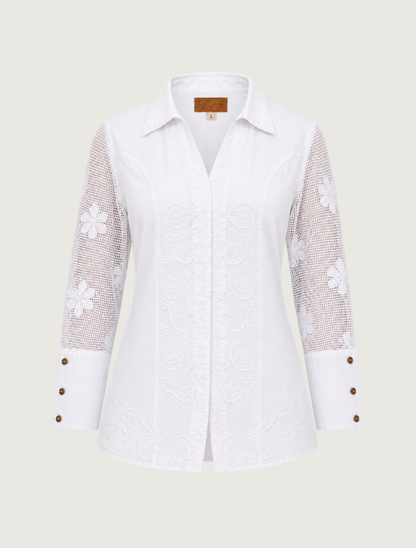 Scully Women's Embroided Blouse with Mesh Sleeves